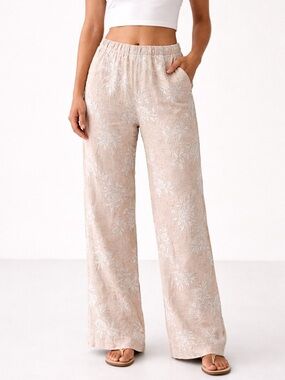 Abercrombie & Fitch Beige Floral Wide Leg Pants